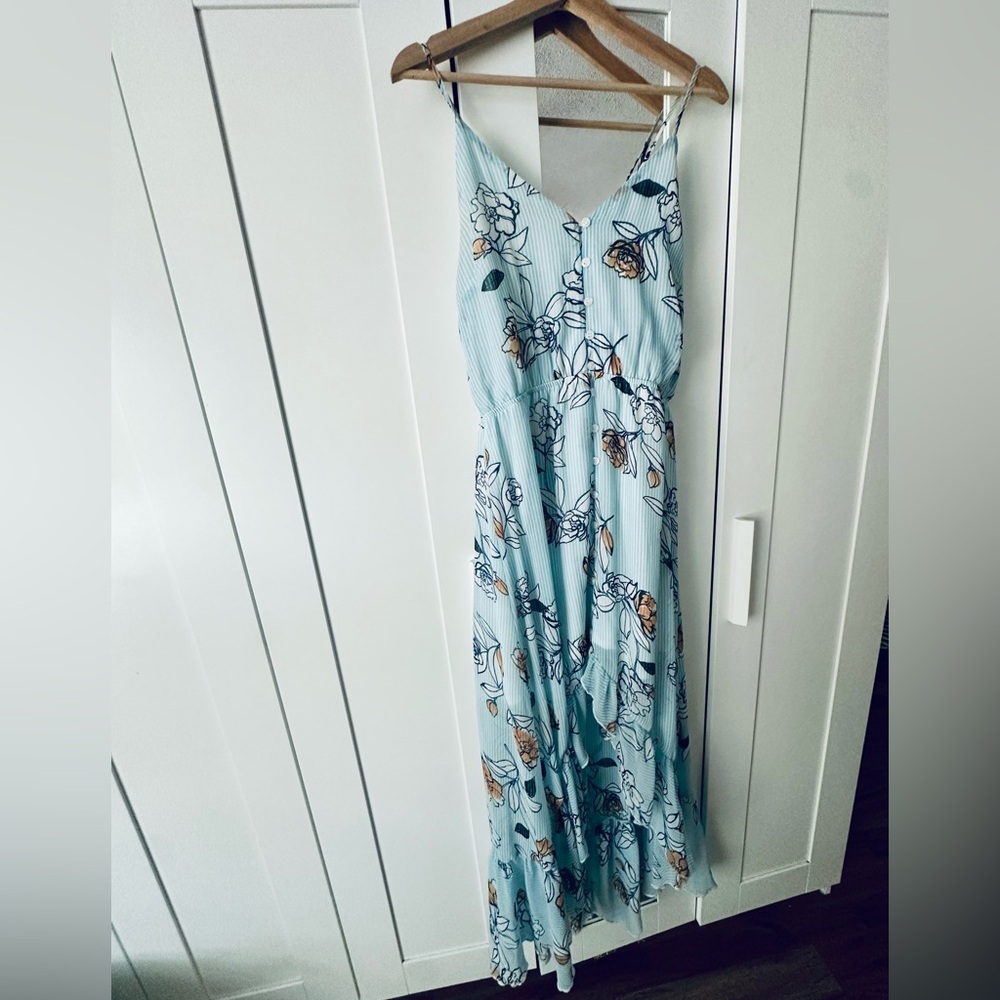 Charlotte Russe Maxi Dress in Light Blue Stripes with  Floral Spaghetti Straps